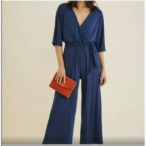 Amour Vert Womens Navy Blue Wrap-Style Jumpsuit W/ Pockets & Belted Waist S